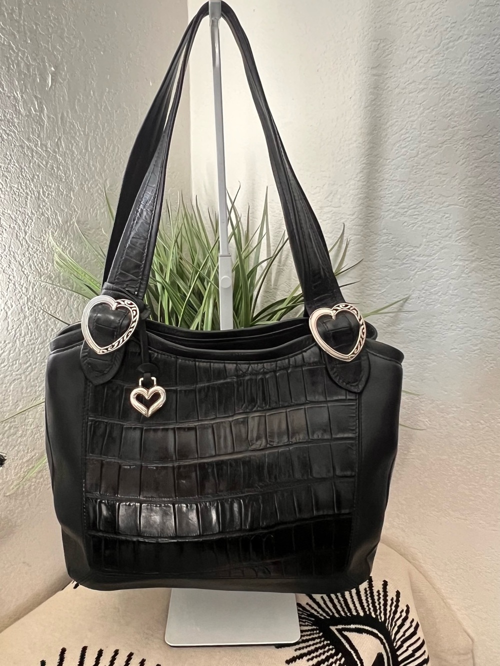 Brighton Black Croc-Embossed Shoulder Bag with Heart Hardware